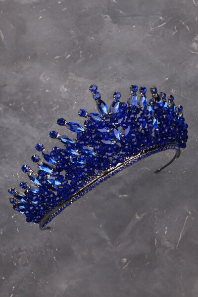 Crystal Stone Beaded Bridal Henna Wedding Crown Navy Blue - 14