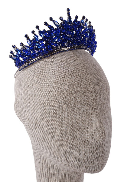 Crystal Stone Beaded Bridal Henna Wedding Crown Navy Blue - 15