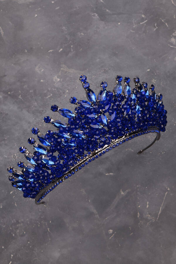 Crystal Stone Beaded Bridal Henna Wedding Crown Navy Blue - 6