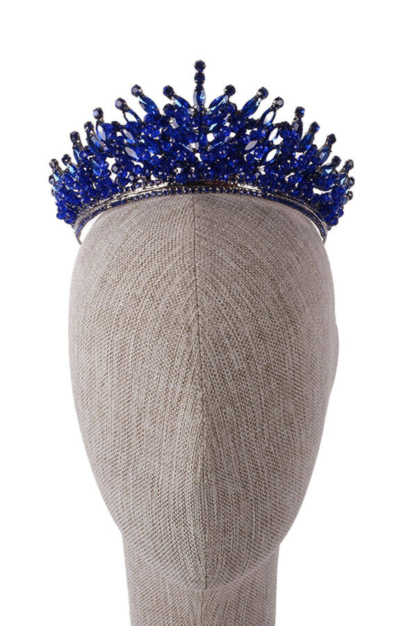 Crystal Stone Beaded Bridal Henna Wedding Crown Navy Blue - 8