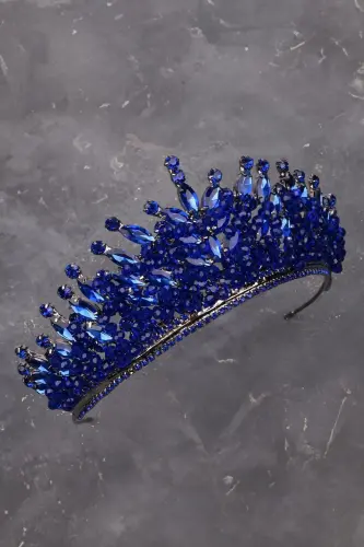 Crystal Stone Beaded Bridal Henna Wedding Crown Navy Blue - 6