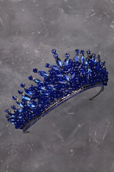 Crystal Stone Beaded Bridal Henna Wedding Crown Navy Blue - 14