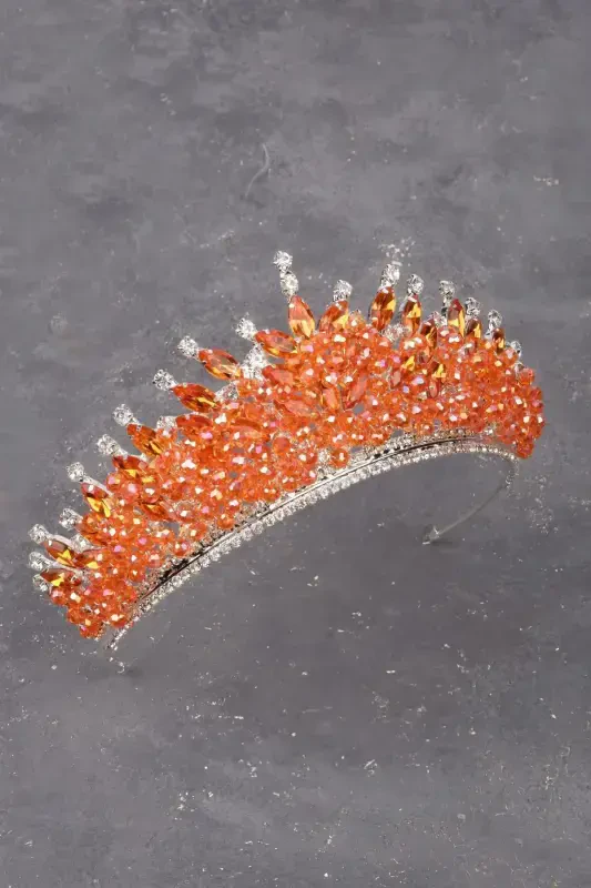 Crystal Stone Beaded Decorated Bride Henna Wedding Crown Orange-Orange - HAYALPEREST BONCUK