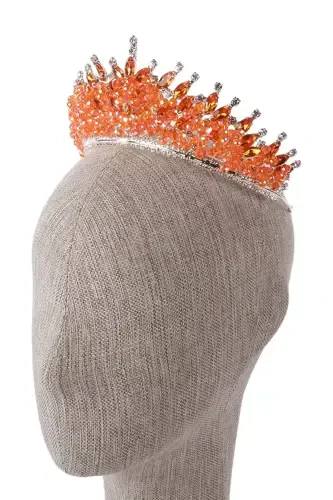 Crystal Stone Beaded Decorated Bride Henna Wedding Crown Orange-Orange - HAYALPEREST BONCUK (1)