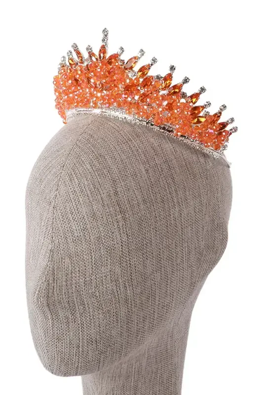 Crystal Stone Beaded Decorated Bride Henna Wedding Crown Orange-Orange - 2