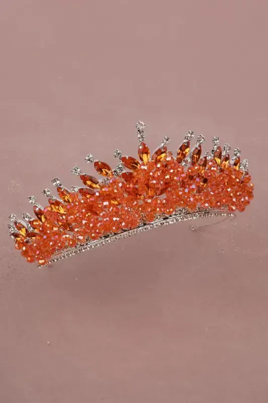 Crystal Stone Beaded Decorated Bride Henna Wedding Crown Orange-Orange - 4