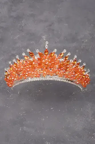 Crystal Stone Beaded Decorated Bride Henna Wedding Crown Orange-Orange - 5