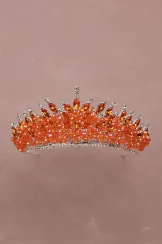 Crystal Stone Beaded Decorated Bride Henna Wedding Crown Orange-Orange - 6