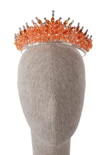 Crystal Stone Beaded Decorated Bride Henna Wedding Crown Orange-Orange - 7