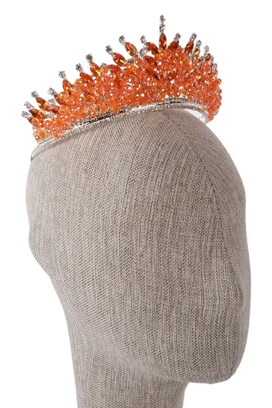 Crystal Stone Beaded Decorated Bride Henna Wedding Crown Orange-Orange - 8