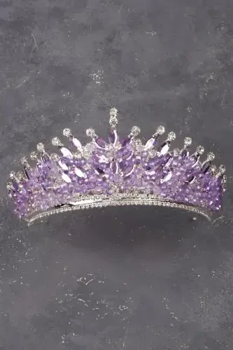 Crystal Stone Beaded Decorated Bride Henna Wedding Tiara Lilac-Lilac - 1