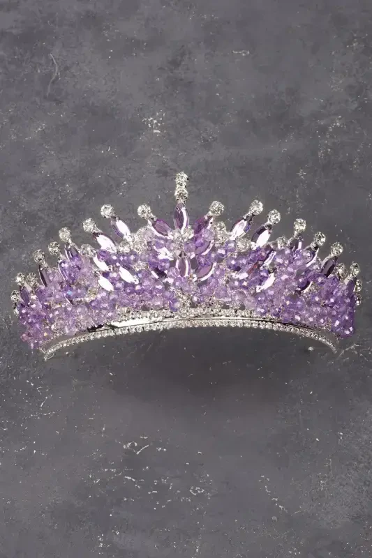 Crystal Stone Beaded Decorated Bride Henna Wedding Tiara Lilac-Lilac - 1