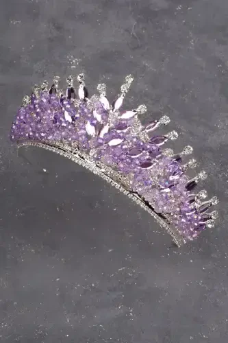 Crystal Stone Beaded Decorated Bride Henna Wedding Tiara Lilac-Lilac - 3