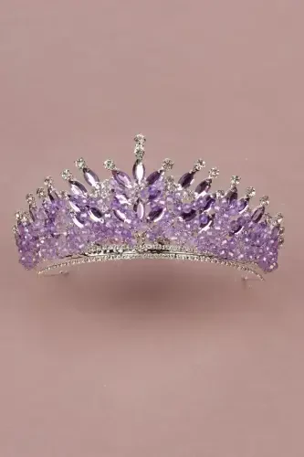 Crystal Stone Beaded Decorated Bride Henna Wedding Tiara Lilac-Lilac - 4