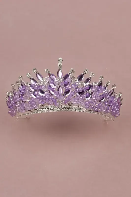 Crystal Stone Beaded Decorated Bride Henna Wedding Tiara Lilac-Lilac - 4