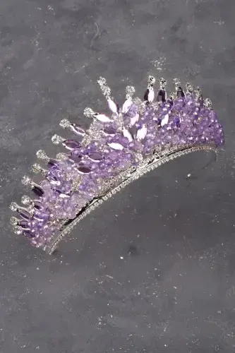 Crystal Stone Beaded Decorated Bride Henna Wedding Tiara Lilac-Lilac - 5