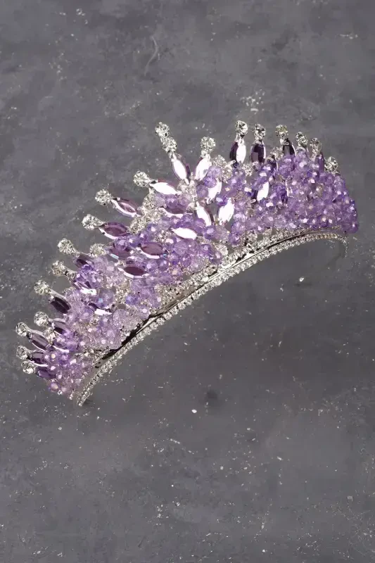 Crystal Stone Beaded Decorated Bride Henna Wedding Tiara Lilac-Lilac - 5