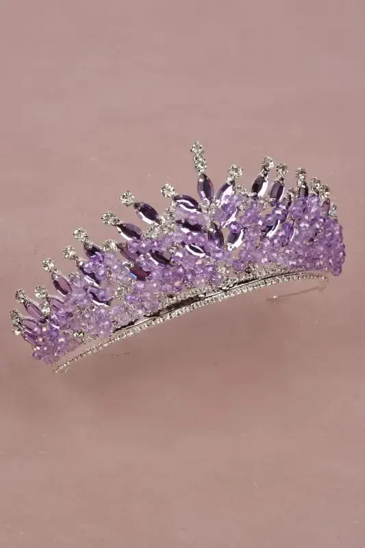 Crystal Stone Beaded Decorated Bride Henna Wedding Tiara Lilac-Lilac - 6