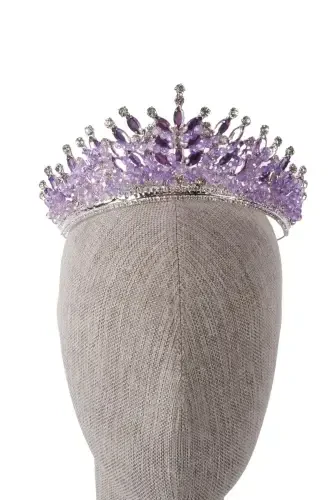 Crystal Stone Beaded Decorated Bride Henna Wedding Tiara Lilac-Lilac - 7