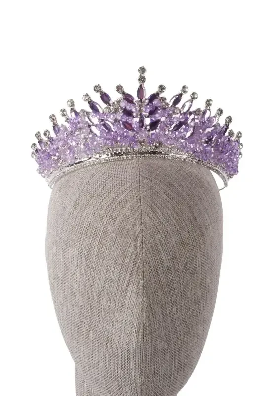 Crystal Stone Beaded Decorated Bride Henna Wedding Tiara Lilac-Lilac - 7