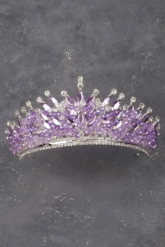 Crystal Stone Beaded Decorated Bride Henna Wedding Tiara Lilac-Lilac - 1