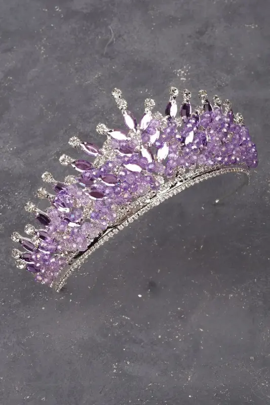 Crystal Stone Beaded Decorated Bride Henna Wedding Tiara Lilac-Lilac - 5