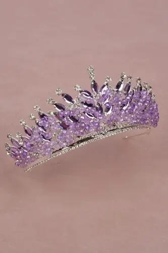 Crystal Stone Beaded Decorated Bride Henna Wedding Tiara Lilac-Lilac - 6