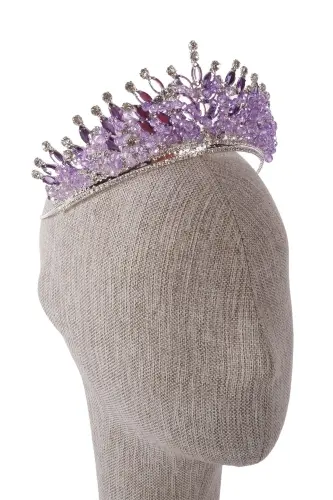 Crystal Stone Beaded Decorated Bride Henna Wedding Tiara Lilac-Lilac - 8
