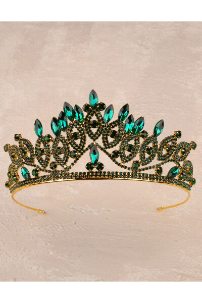 Crystal Stone Bridal Queen Crown Shiny Princess Crown Bride Wedding Crown Gold Green - 7