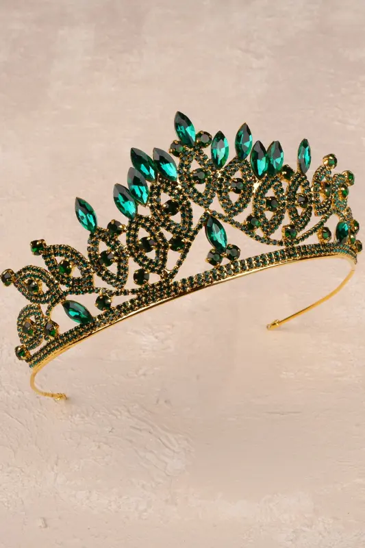 Crystal Stone Bridal Queen Crown Shiny Princess Crown Bride Wedding Crown Gold Green - LIMELIA