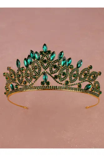 Crystal Stone Bridal Queen Crown Shiny Princess Crown Bride Wedding Crown Gold Green - 3