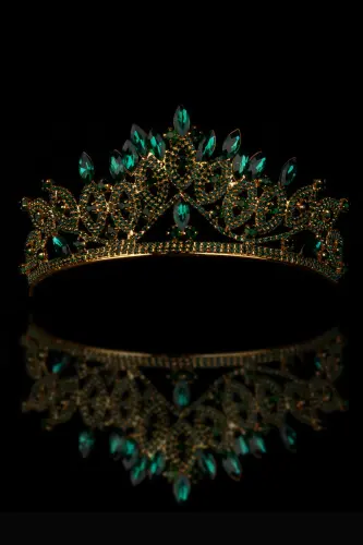Crystal Stone Bridal Queen Crown Shiny Princess Crown Bride Wedding Crown Gold Green - 4
