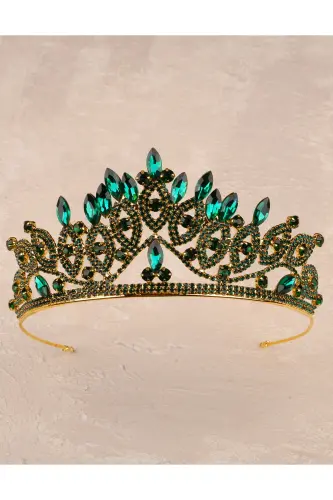 Crystal Stone Bridal Queen Crown Shiny Princess Crown Bride Wedding Crown Gold Green - 5
