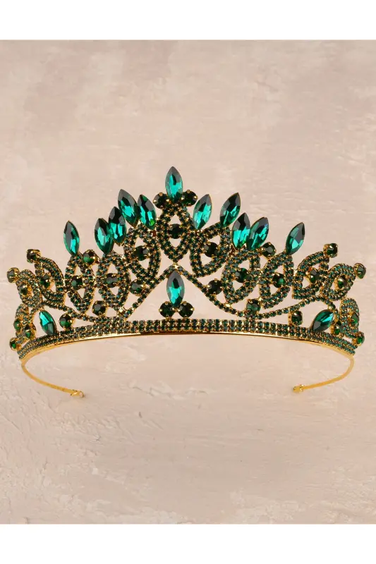 Crystal Stone Bridal Queen Crown Shiny Princess Crown Bride Wedding Crown Gold Green - 5