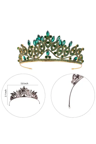 Crystal Stone Bridal Queen Crown Shiny Princess Crown Bride Wedding Crown Gold Green - 6