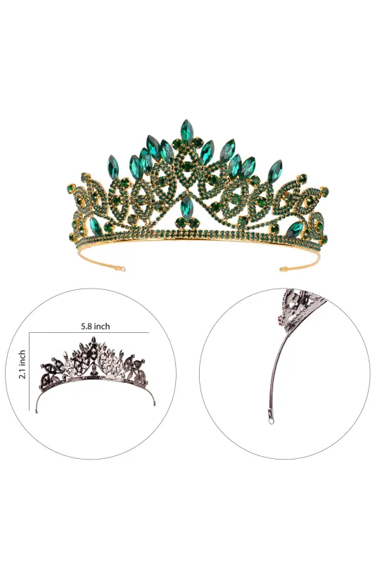 Crystal Stone Bridal Queen Crown Shiny Princess Crown Bride Wedding Crown Gold Green - 6