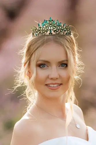 Crystal Stone Bridal Queen Crown Shiny Princess Crown Bride Wedding Crown Gold Green - 8