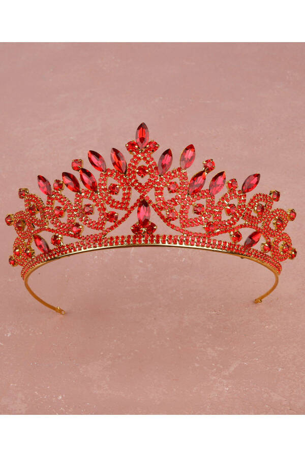 Crystal Stone Bridal Queen Crown Shiny Princess Crown Bride Wedding Crown Gold Red - 7