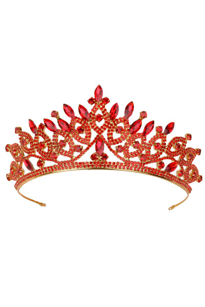 Crystal Stone Bridal Queen Crown Shiny Princess Crown Bride Wedding Crown Gold Red - 8