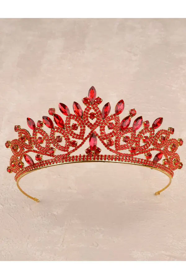 Crystal Stone Bridal Queen Crown Shiny Princess Crown Bride Wedding Crown Gold Red - 3