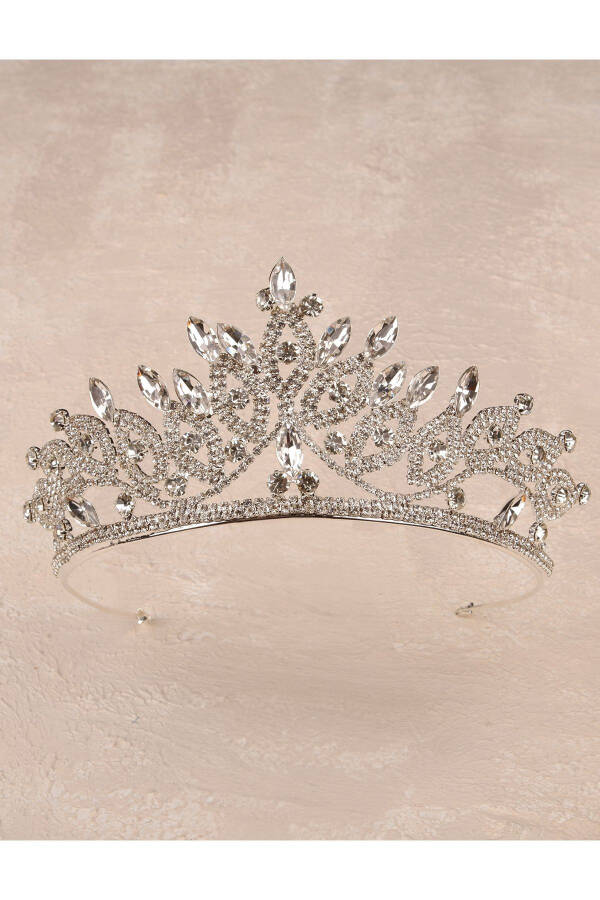 Crystal Stone Bridal Queen Crown Shiny Princess Crown Wedding Tiara Silver - 2