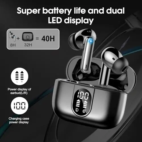 Csasan Wireless Earbuds Bluetooth 5.3 Headphones, 40H Playtime in-Ear Earphones, Mini Bluetooth Earbuds with ENC Noise Cancelling Mic, Deep Bass Stereo Ear Buds, LED Display, IPX7 Waterproof Earphones - 3