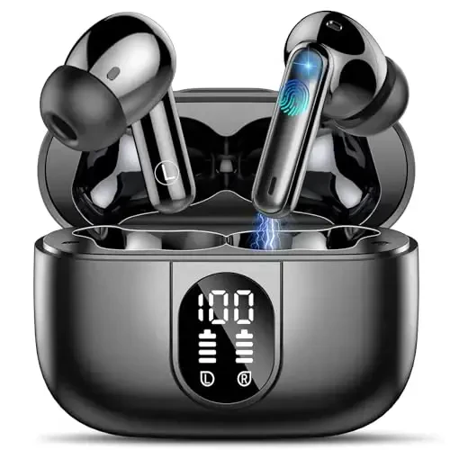Csasan simsiz quloqchinlar Bluetooth 5.3 naushniklar, 40 soatlik oʻyin vaqti Ichki quloq naushniklari, ENC shovqinni bekor qiluvchi mikrofonli mini Bluetooth quloqchinlar, Chuqur bassli stereo quloqchinlar, LED displey, IPX7 suv oʻtkazmaydigan quloqchinlar - 1