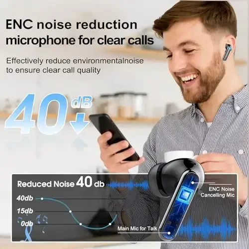 Csasan simsiz quloqchinlar Bluetooth 5.3 naushniklar, 40 soatlik oʻyin vaqti Ichki quloq naushniklari, ENC shovqinni bekor qiluvchi mikrofonli mini Bluetooth quloqchinlar, Chuqur bassli stereo quloqchinlar, LED displey, IPX7 suv oʻtkazmaydigan quloqchinlar - 4