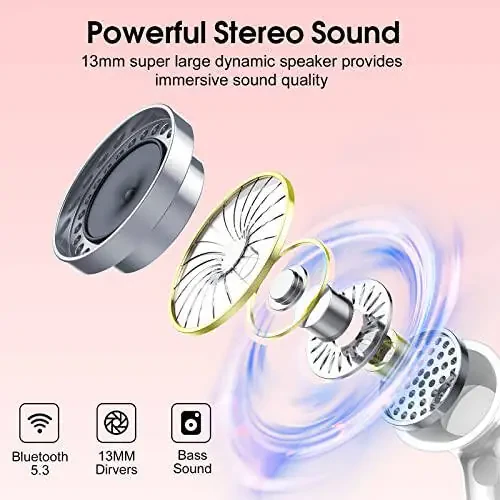 Csasan Wireless Earbuds, 2024 Bluetooth Headphones 5.3 HiFi Stereo Earphones, 40H Playtime in-Ear Earbud, Bluetooth Earbud with Dual Mic Call, IP7 Waterproof Earphones Sport Headset for iOS - 2