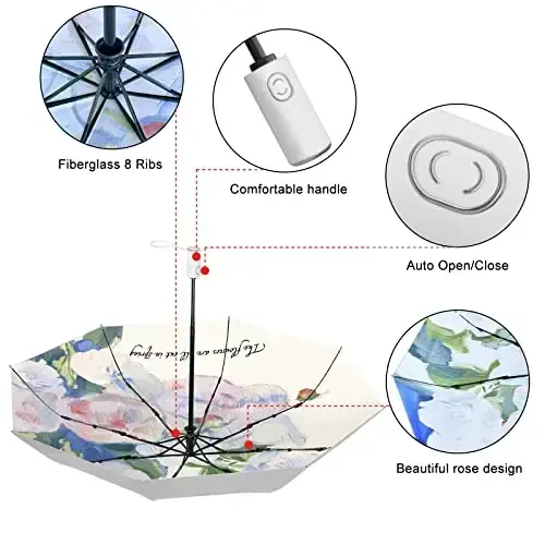 Cuby UV Sun Umbrella Compact Folding Travel Umbrella Auto Open and Close for Windproof, Rainproof & 99.9% UV Protection Parasol with Silver Anti-UV Coating (Silver Rose) - 4