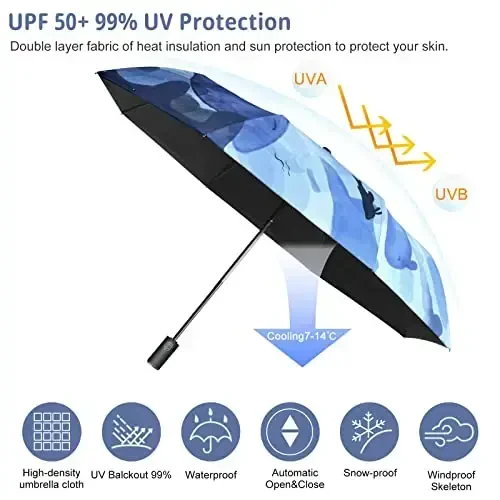 Cuby UV Sun Umbrella Compact Folding Travel Umbrella Auto Open and Close for Windproof, Rainproof & 99.9% UV Protection Parasol with Black Anti-UV Coating (Blue Whale) - MODAZONE (1)