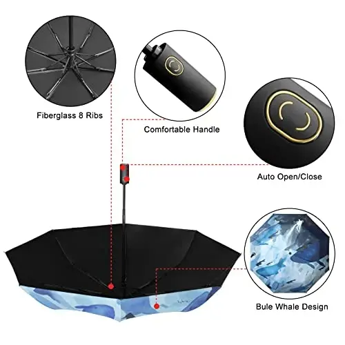 Cuby UV Sun Umbrella Compact Folding Travel Umbrella Auto Open and Close for Windproof, Rainproof & 99.9% UV Protection Parasol with Black Anti-UV Coating (Blue Whale) - 6
