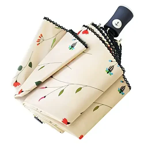 Cuby Travel Umbrella Compact Folding Auto Open and Close for Windproof, Rainproof & 99.9% UV Sun Protection Parasol with Black Anti-UV Coating (Flowers) - CUBY