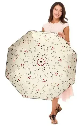 Cuby Travel Umbrella Compact Folding Auto Open and Close for Windproof, Rainproof & 99.9% UV Sun Protection Parasol with Black Anti-UV Coating (Flowers) - 6
